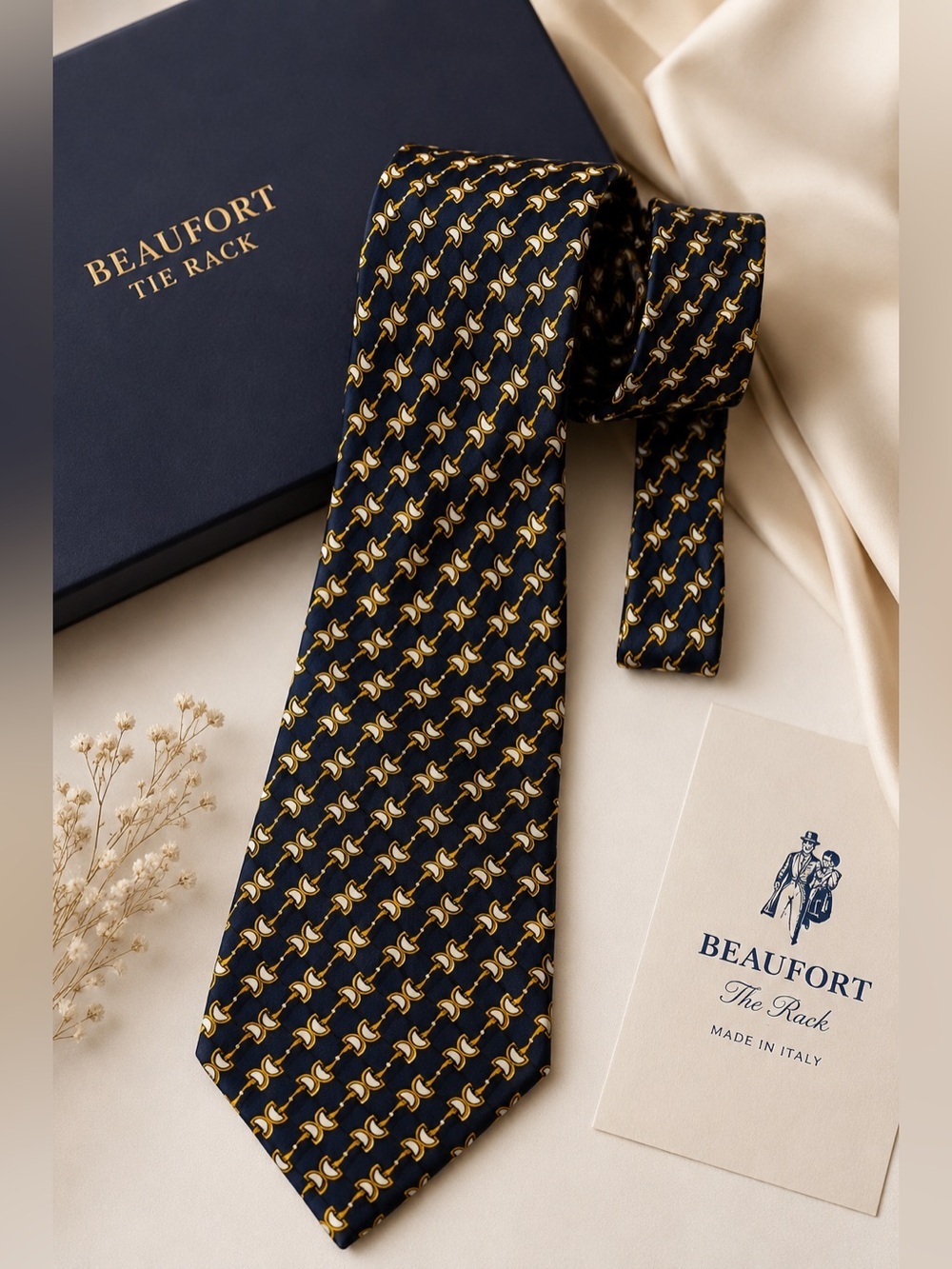 Beaufort Tie Rack 100% Silk Italian Necktie Navy Blue Gold Equestrian bit